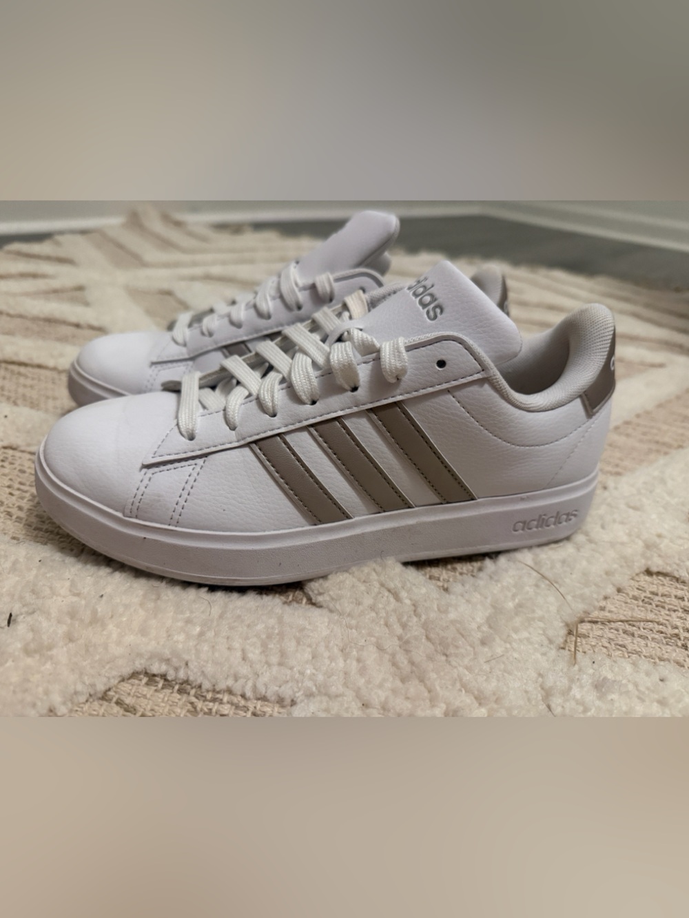 adidas White Sneakers with Metallic Silver Stripes